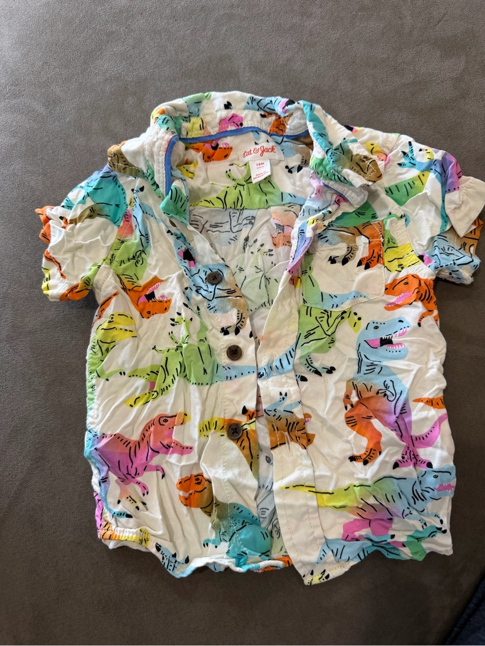 Cat & Jack White Short-Sleeve Button-Up Shirt with Multicolor Dinosaur Print